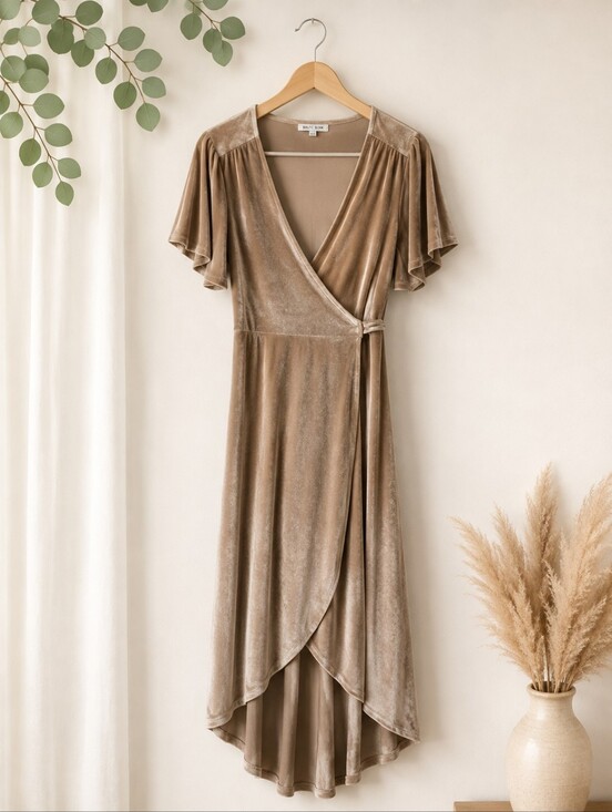 Baltic Born Dresses & Skirts - Baltic Born Taupe Velvet Wrap High-Low Dress